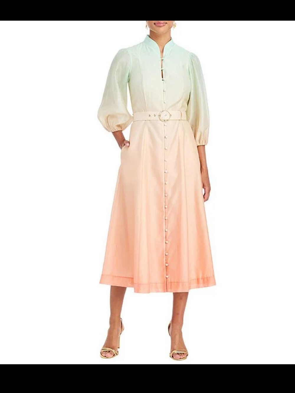 Pastel Ombre Belted Midi Skirt Dress in Mint and Peach